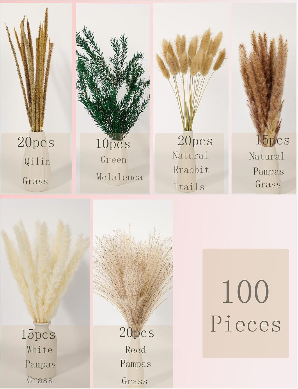 100Ps Dried Flowers Bouquet, Pampas, Rustic Home Decor, Wedding Centerpieces. (100)