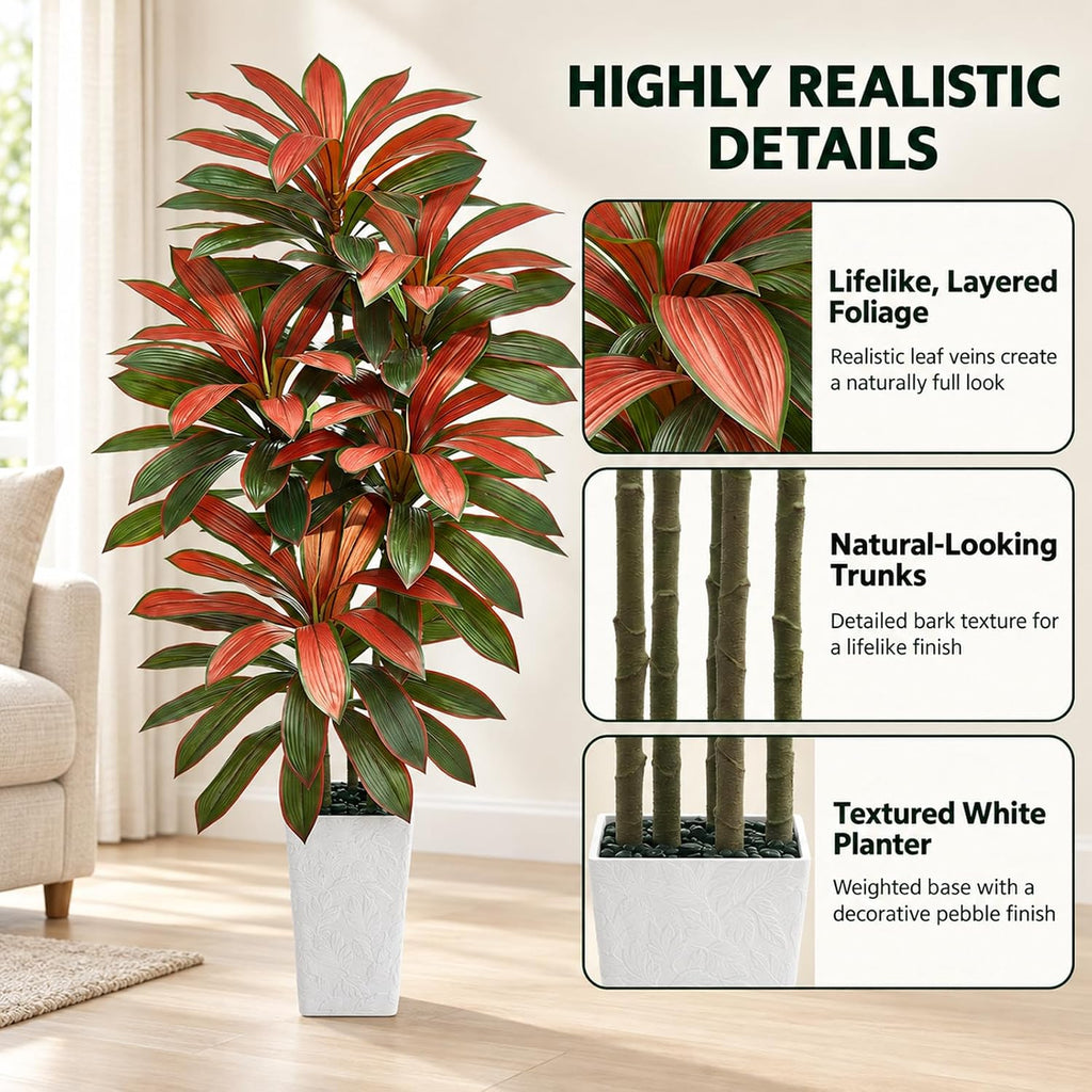 Artificial Dracaena Tree Red, 5FT Fake Plants White Planter