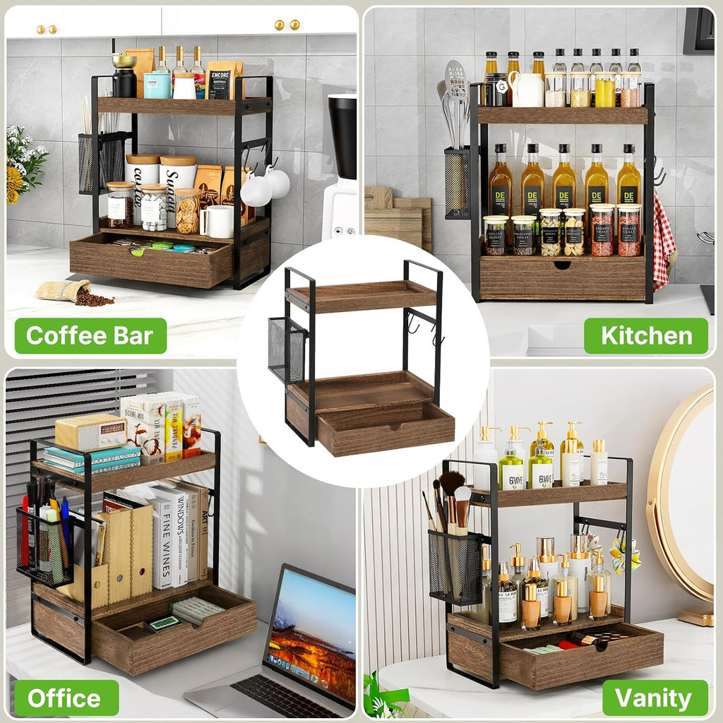 2-Tier Bathroom Counter Organizer with Drawer Basket and Hooks, Wood Bathroom Organizers and Storage for countertop, Farmhouse Dark Brown Countertop Organizer, Counter Shelf for Vanity Kitchen Office