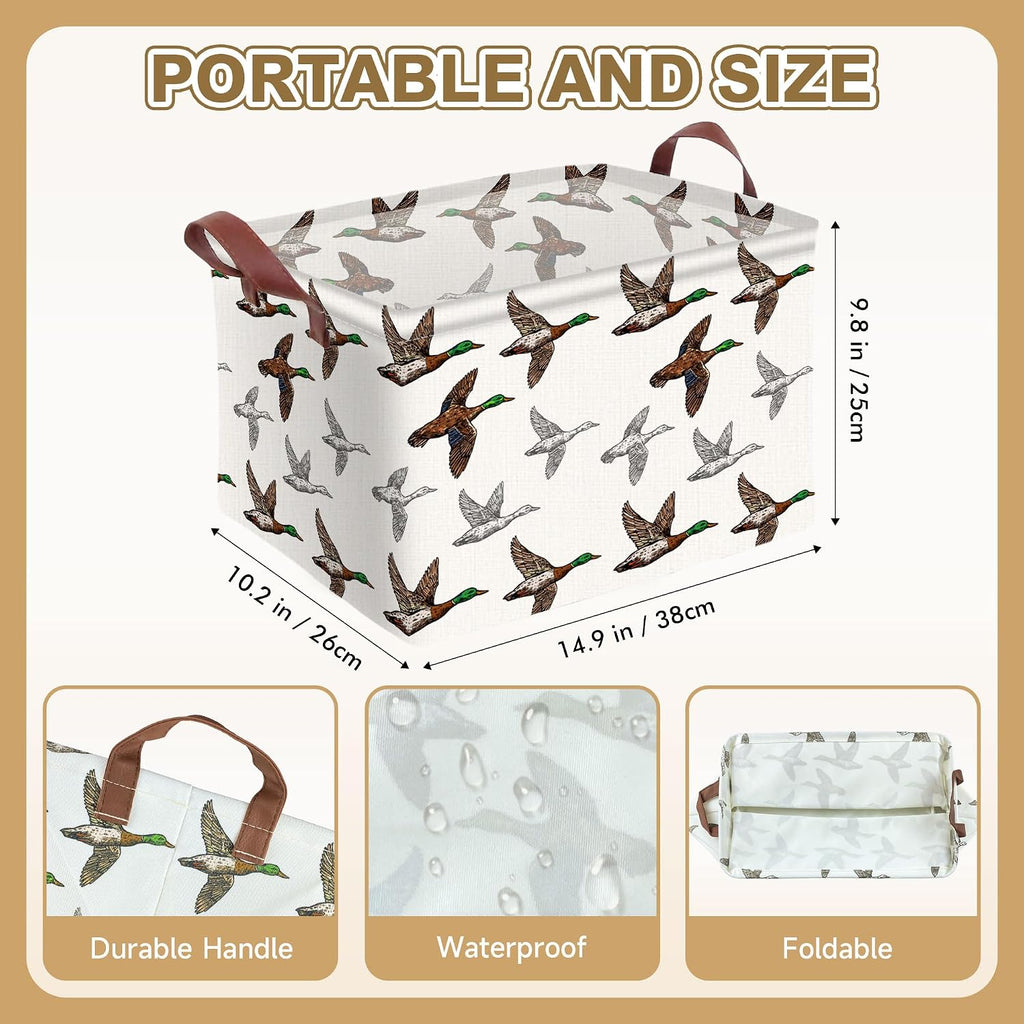 Mallard Duck Storage Basket Waterproof Canvas Toy Storage Bin Mallard Duck Room Decor Collapsible Outdoor Basket with Leather Handles Blanket Baskets For Closets,Bedrooms,Gifts Baskets