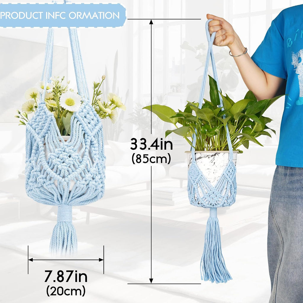 2 Pack Macrame Plant Hangers, 33-Inch Cotton Rope Hanging Planters with Diamond Design, Boho Home Decor for Indoor and Outdoor Use, Blue