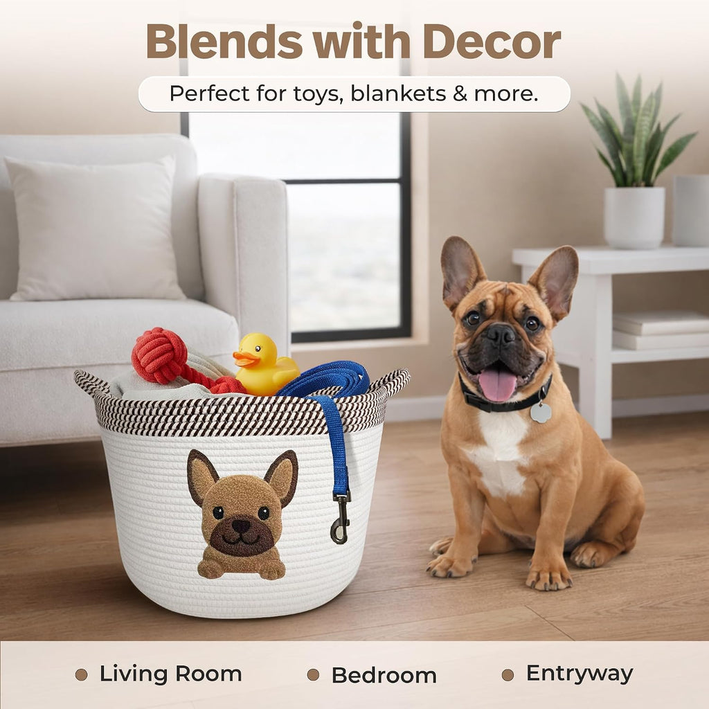 French Bulldog Dog Toy Basket, Pug and Boston Terrier, Cotton Rope Bin