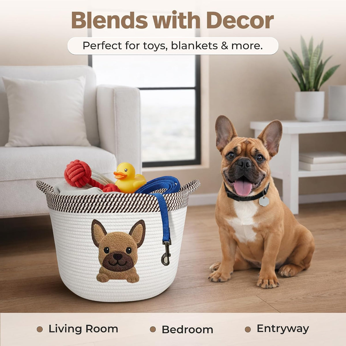 French Bulldog Dog Toy Basket, Pug and Boston Terrier, Cotton Rope Bin