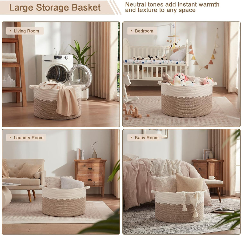 OIAHOMY 125L Extra Large Blanket Basket, Jumbo Cotton Laundry Basket Brown