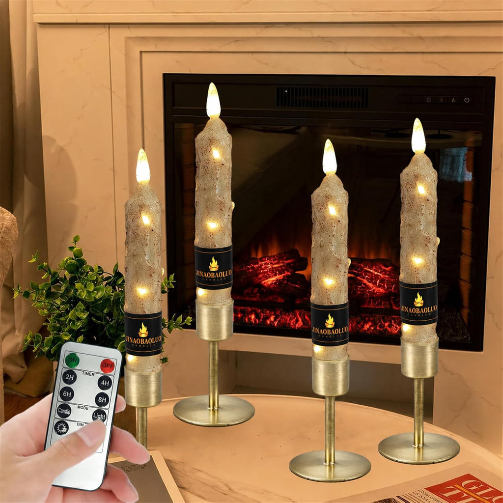 Wood Grain Flameless Taper Candles 4 Pack, 6.5 Inch LED Candles with Remote