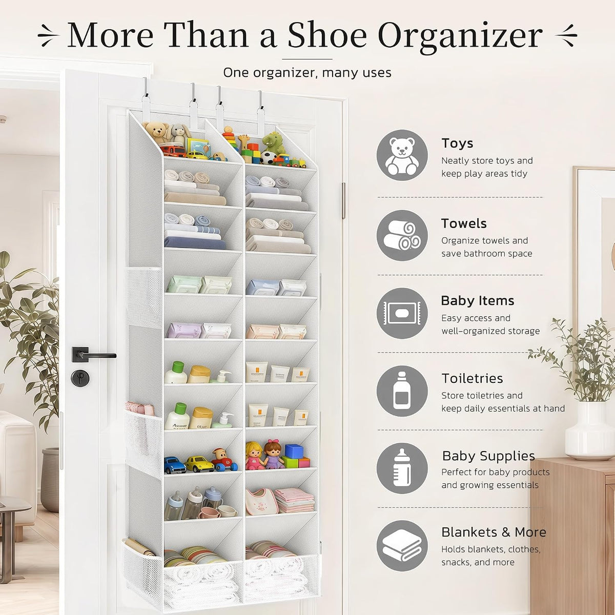Criusia Over the Door Shoe Organizer, 20-30 Pairs Heavy-Duty Hanging Shoe Storage with Large Pockets, 10-Tier Door Shoe Rack with 4 Hooks for Sneakers Sandals Heels Boots (White)