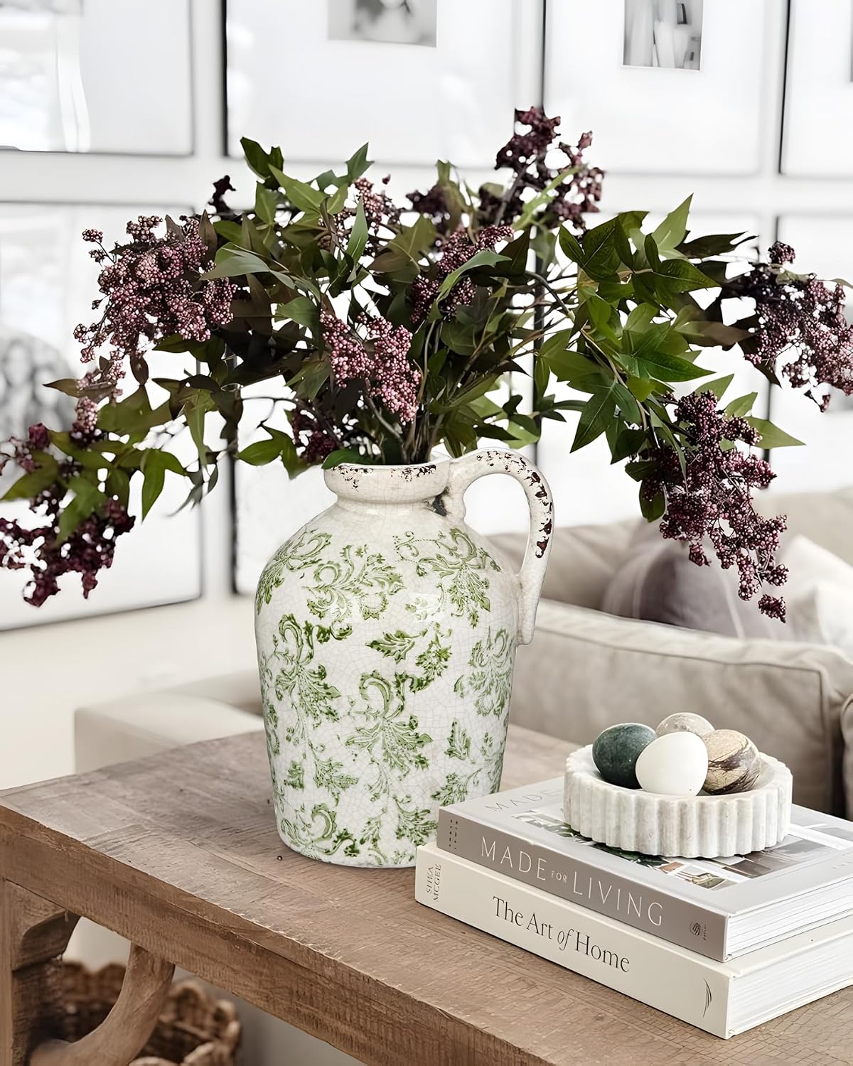Ceramic Rustic Farmhouse Vase, 9 inch Ceramic Green and White Vase for Centerpieces Pampas Grass Pottery Jug with Handle Boho Chinoiserie Decor Vintage Vases for Living Room Kitchen Dinner Table Shelf