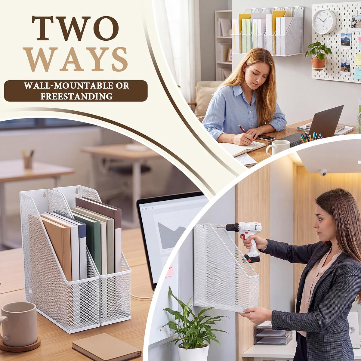 Sliner 4 Pack White Metal Magazine Holder Mesh Steel Document Rack 1 Section File Organizer Extra Wide Magazine Folder Storage Desk Tidy for Office Home, 12.6"x 9.8"x 3"