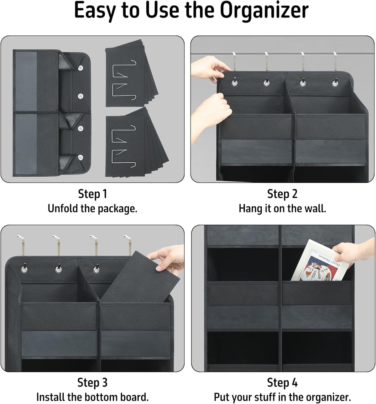 Black Over Door Organizer with 10 Large Front Pockets and 6 Side Mesh Pockets, Double-Row Hanging Door Storage for Closet, Bathroom, Nursery, Bedroom, Dorm, Toys, Cosmetics, Baby Essentials