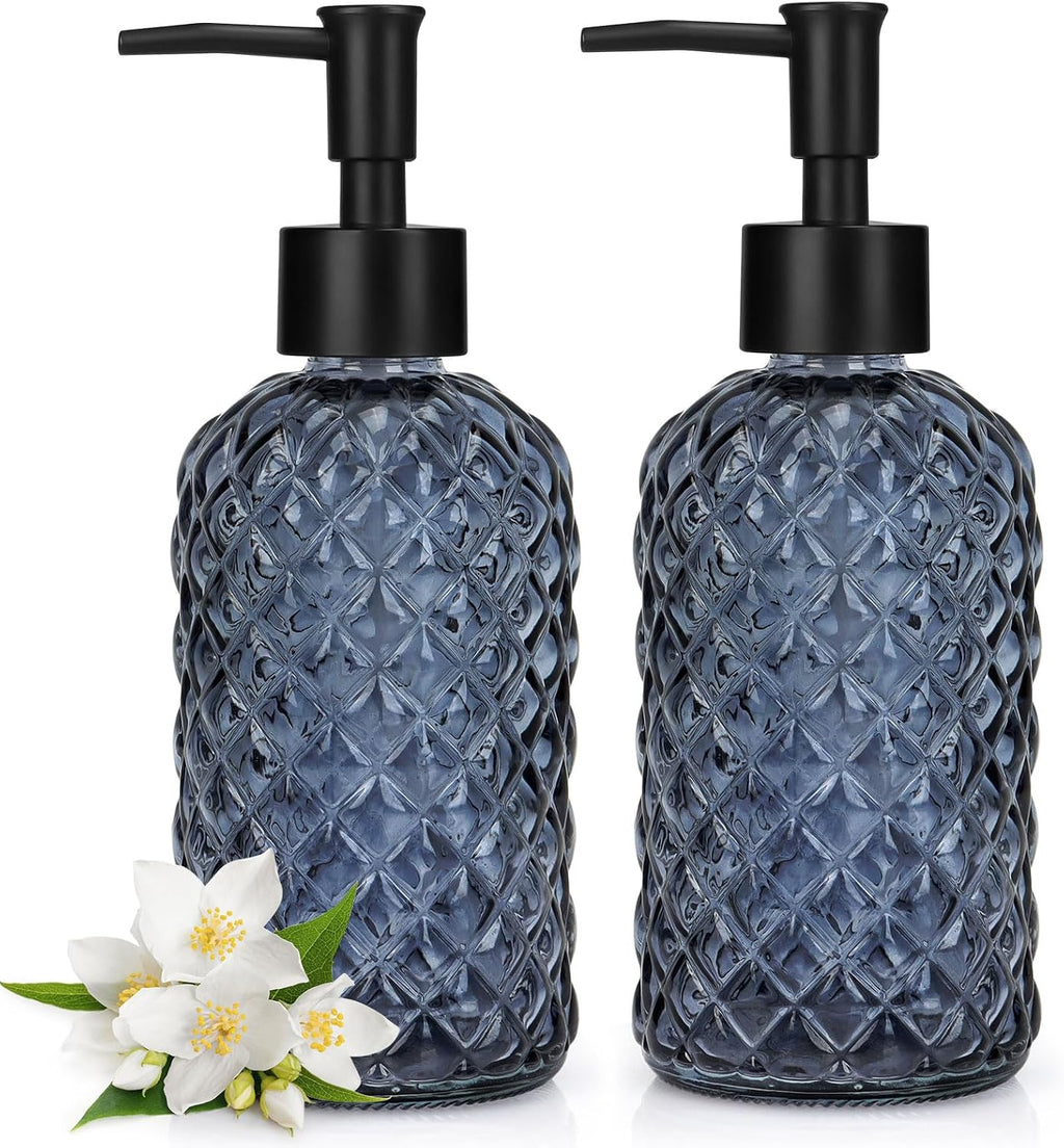 2 Pack Gem Glass Soap Dispenser with Black Plastic Pump, 13oz Liquid Hand Soap Dispenser, Rustproof Pump for Kitchen & Bathroom, Great for Lotions, Essential Oil, Liquid Soaps-Grayish Blue