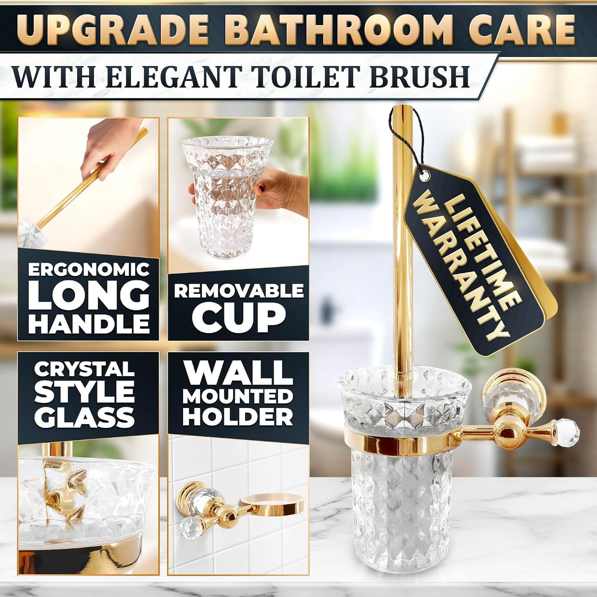 Gold Toilet Brush and Holder Set, Wall Mounted, Crystal Clear Glass Bowl