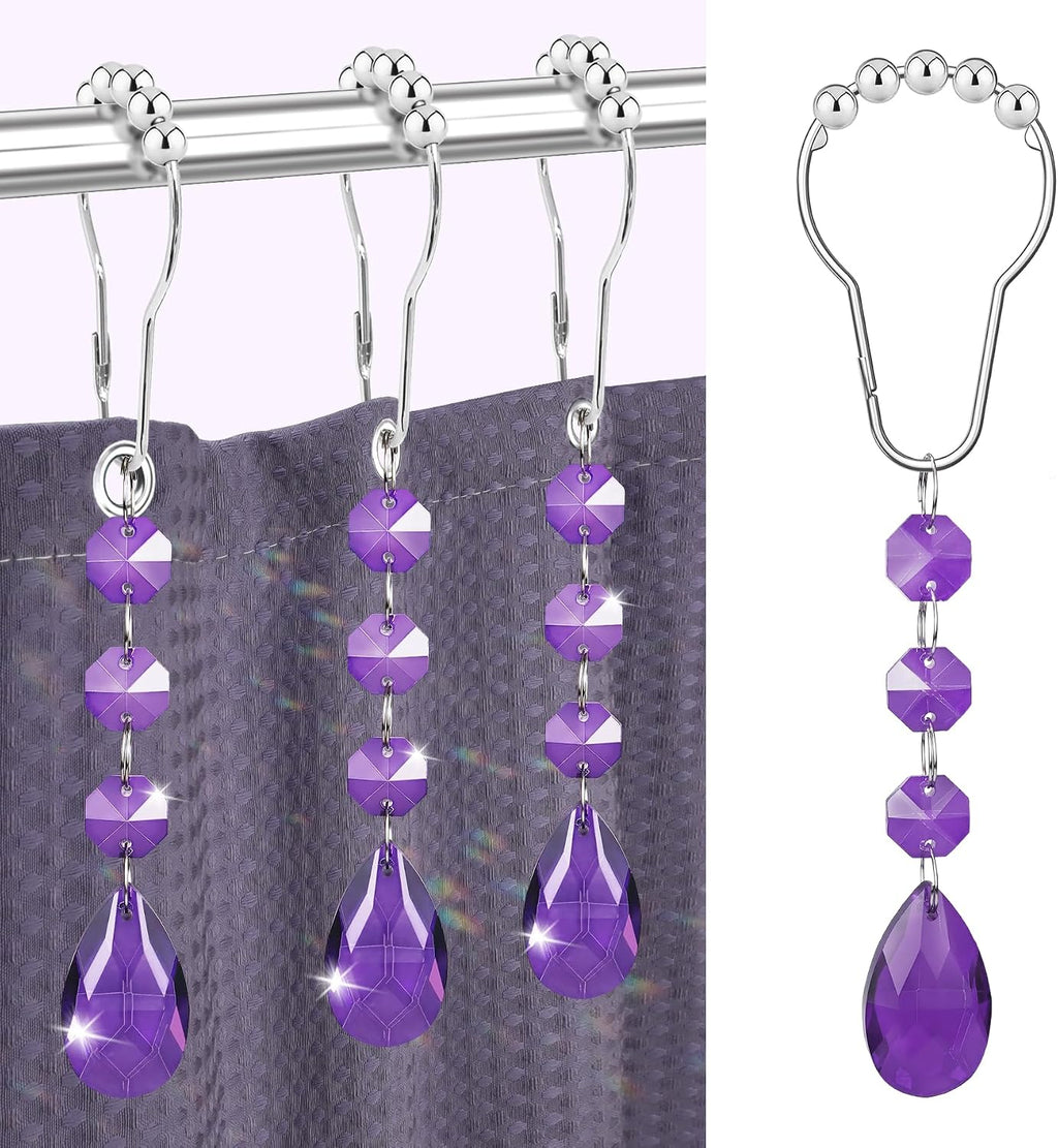 Shower Curtain Hooks Rings for Bathroom, 12PCS Gemstone Crystal Bead Water Drop Stainless Steel Rust Resistant Clear Shower Curtain Rings (Purple)