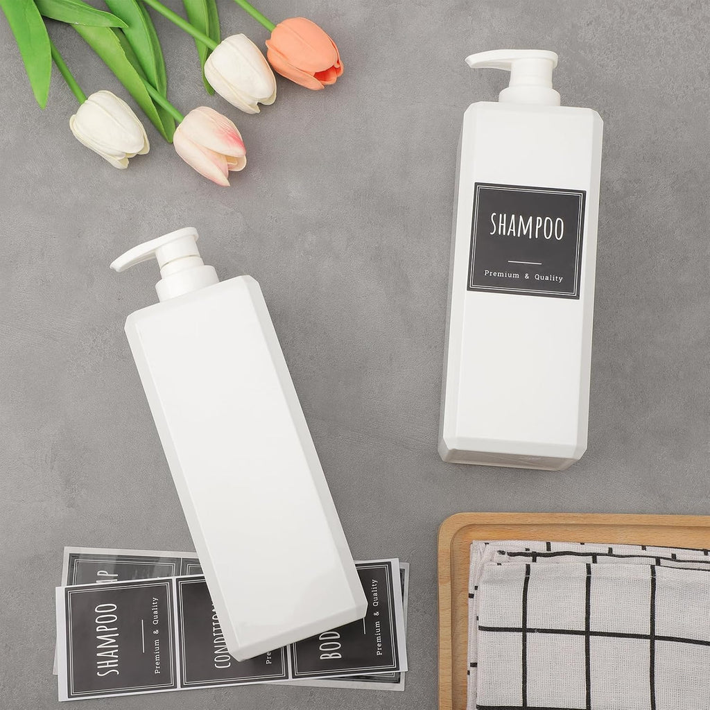 Segbeauty 33.8oz Plastic Soap Dispenser Bathroom, 2pcs Sqaure Body Wash Container Empty, 1000ml White Leakproof Hand Soap Dispenser, Large Pump Bottles for Shampoo and Conditioner with Labels