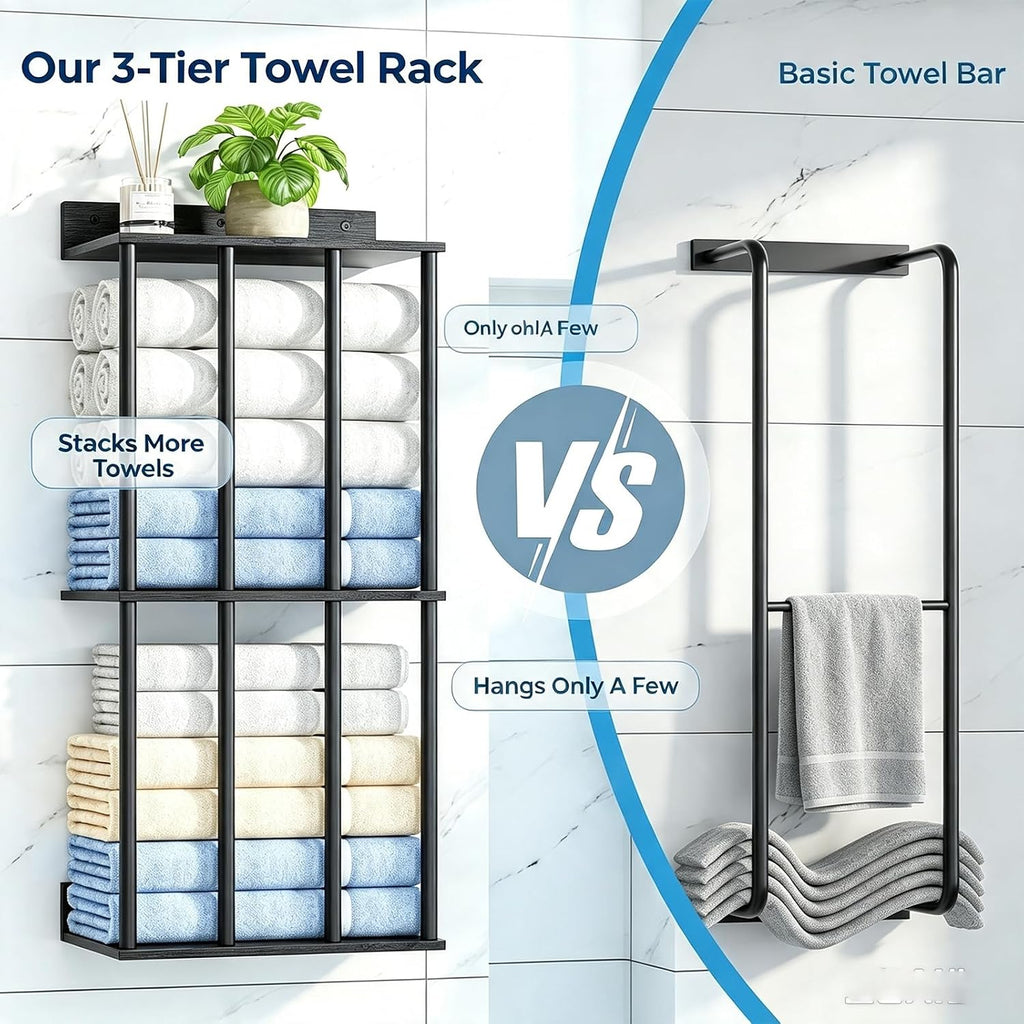 Wall Mounted Towel Rack, Wood & Metal Towel Holder for Bathroom Wall