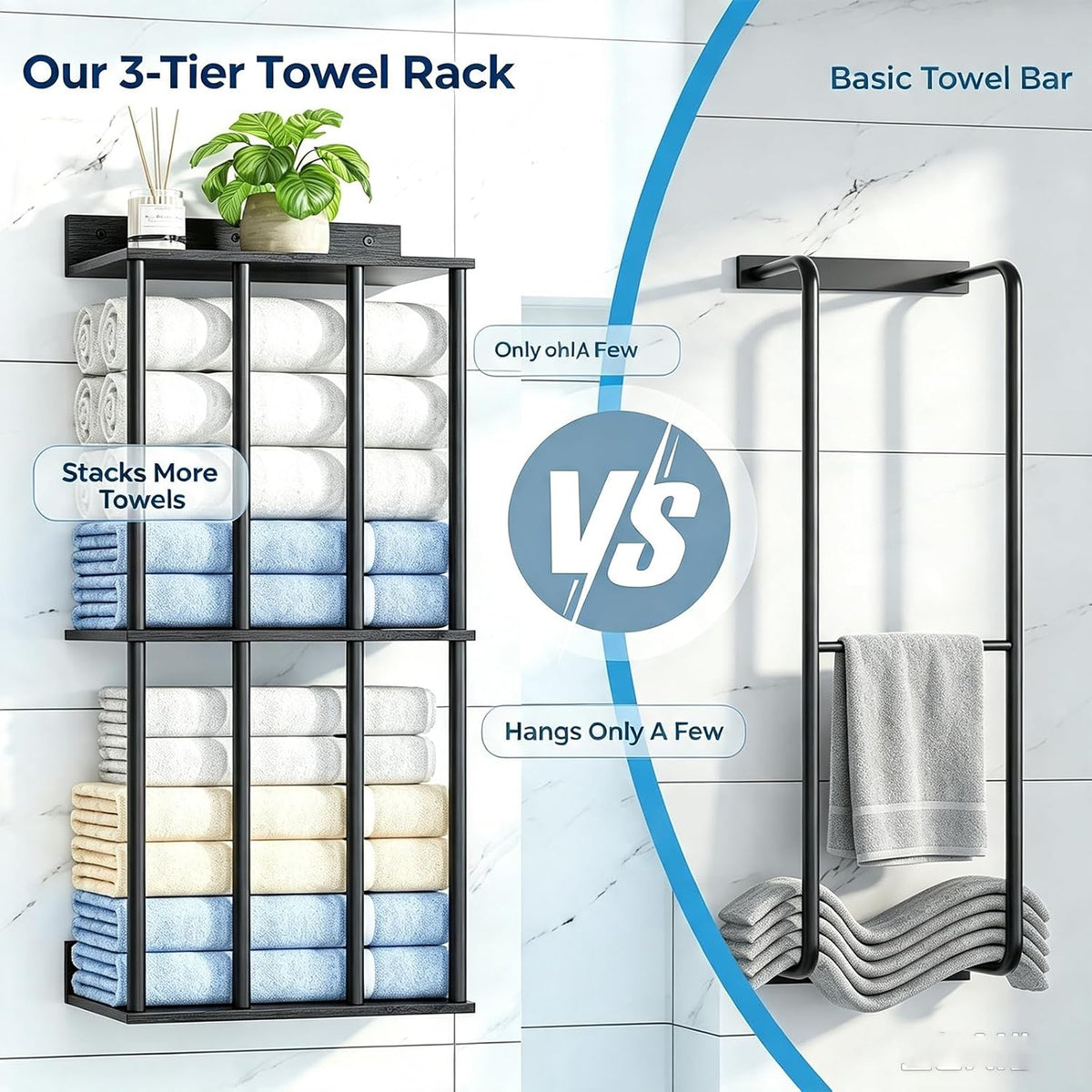 Wall Mounted Towel Rack, Wood & Metal Towel Holder for Bathroom Wall