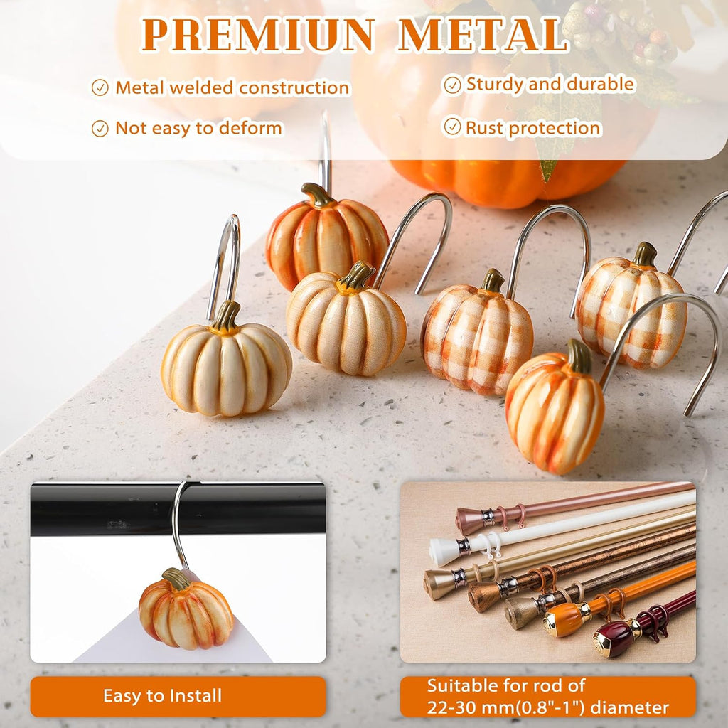 Colingmill 12 Pcs Fall Pumpkin Shower Curtain Hooks for Fall Bathroom Decor