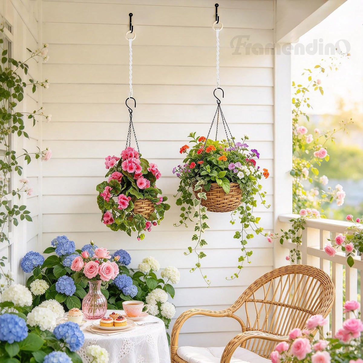Framendino, 6 Pack Adjustable Macrame Plant Hanger Extenders Woven Hanging Basket Extension with Wooden Ring for Indoor Outdoor Pot Holder
