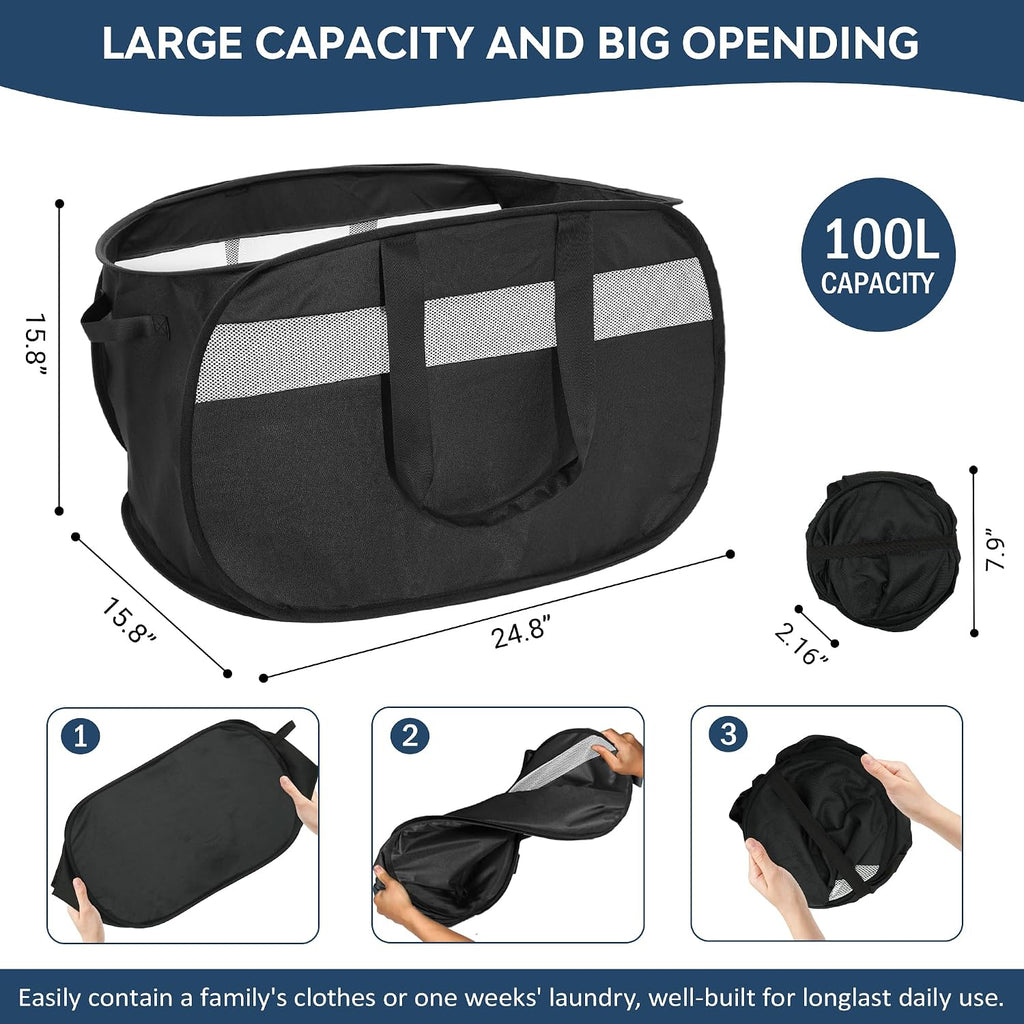 100L Collapsible Laundry Baskets, Foldable Dual Handle Laundry Hamper Black