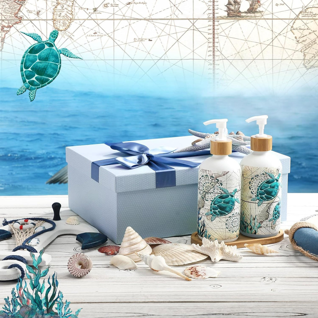 Potchen 2 Pack Sea Turtle Soap Dispenser, Beach Ocean Glass Bathroom Decor