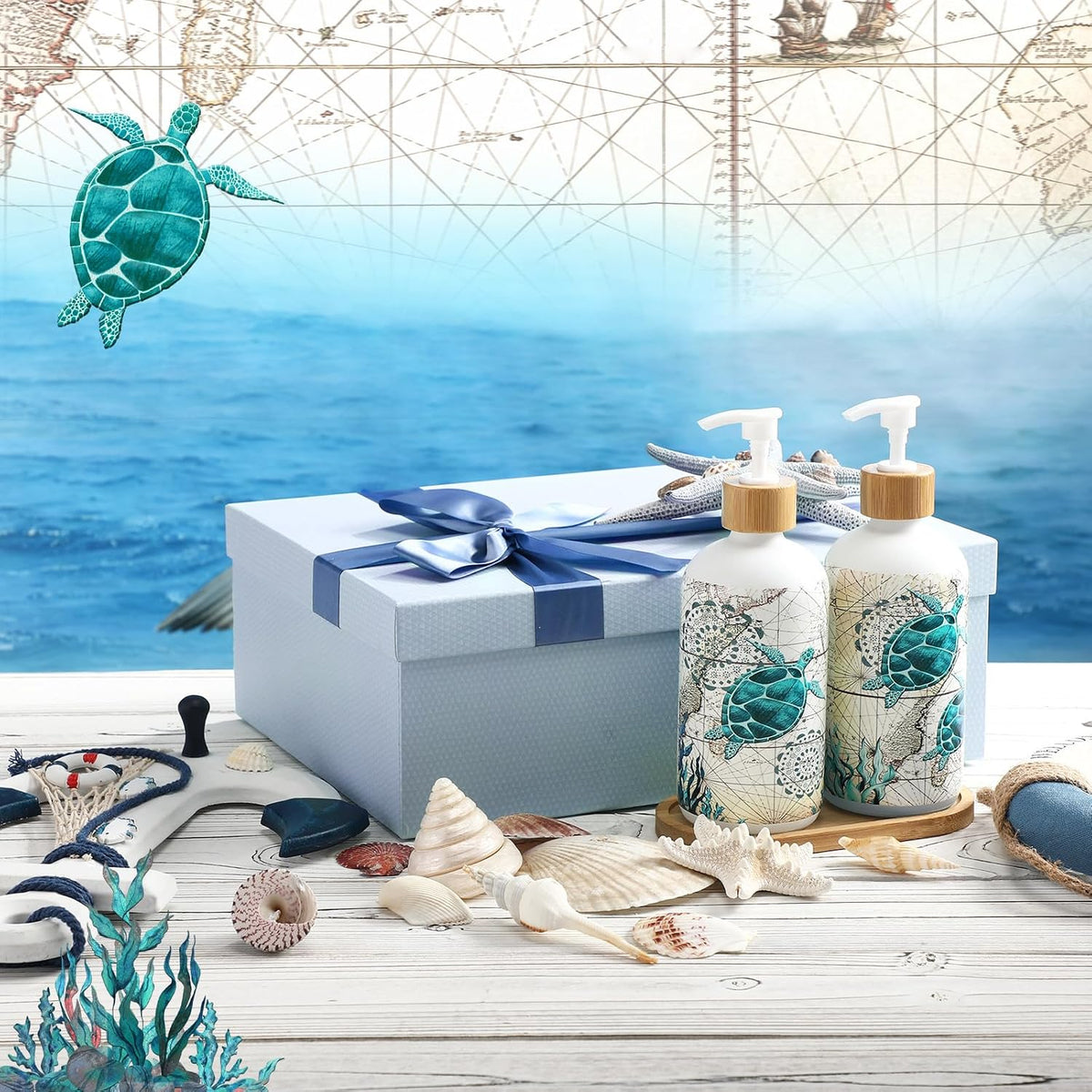 Potchen 2 Pack Sea Turtle Soap Dispenser, Beach Ocean Glass Bathroom Decor