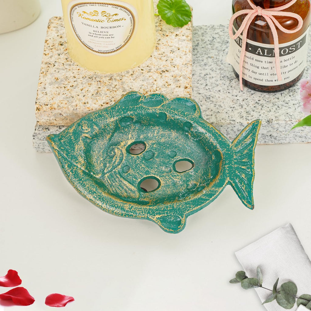 Sungmor Heavy Duty Cast Iron Soap Holder, Fish Shape & Antique Green