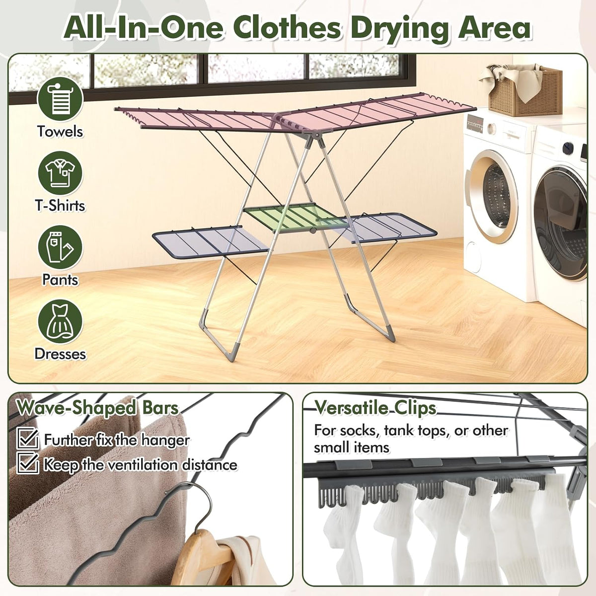 Tangkula 2-Tier Freestanding Foldable Clothes Drying Rack, No Assembly