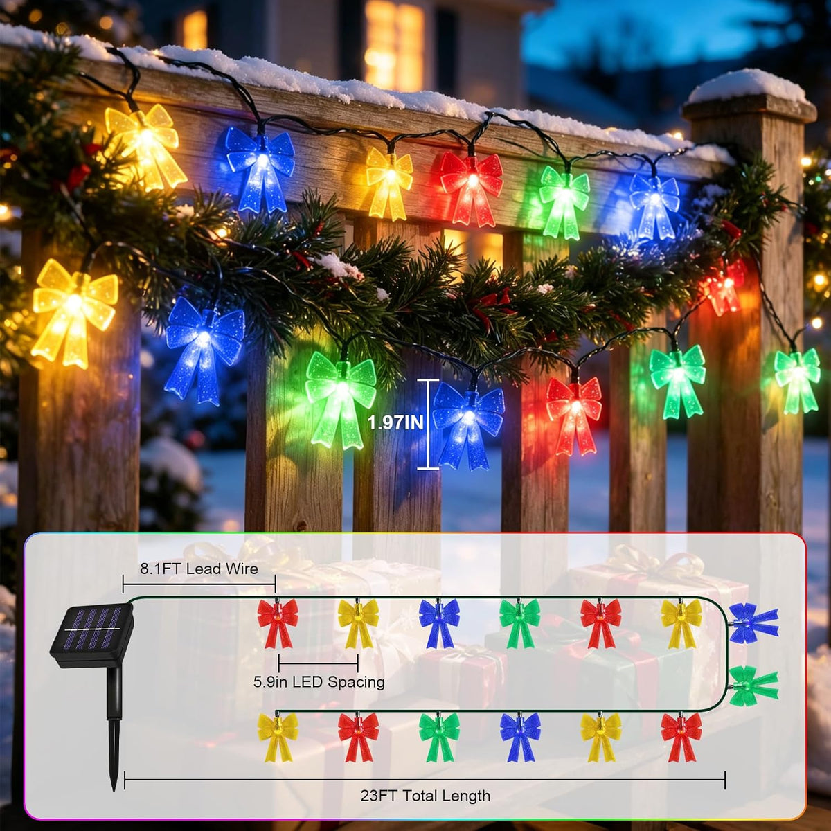 Solar Powered 23FT Christmas Bow 30LED Outdoor String Lights Multicolor