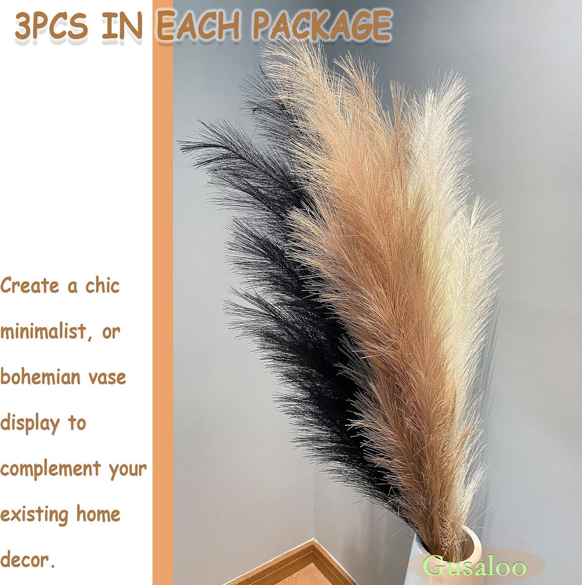 Artificial Faux Pampas Grass Large, 47"/120cm Bundle of 3 Fake Artificial Pampas Grass Decor Tall Fluffy Stems, Floor Vase Filler for Living Room Kitchen Decor Boho Decor Wedding -Black