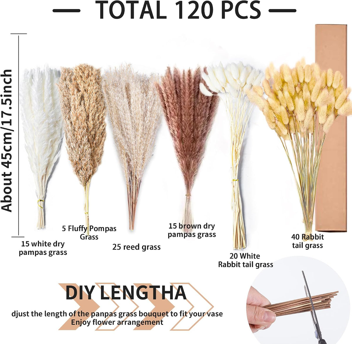 Natural Dried Pampas Grass Decor - 17.5" 120Pcs Fluffy Pampas Grass Bouquet