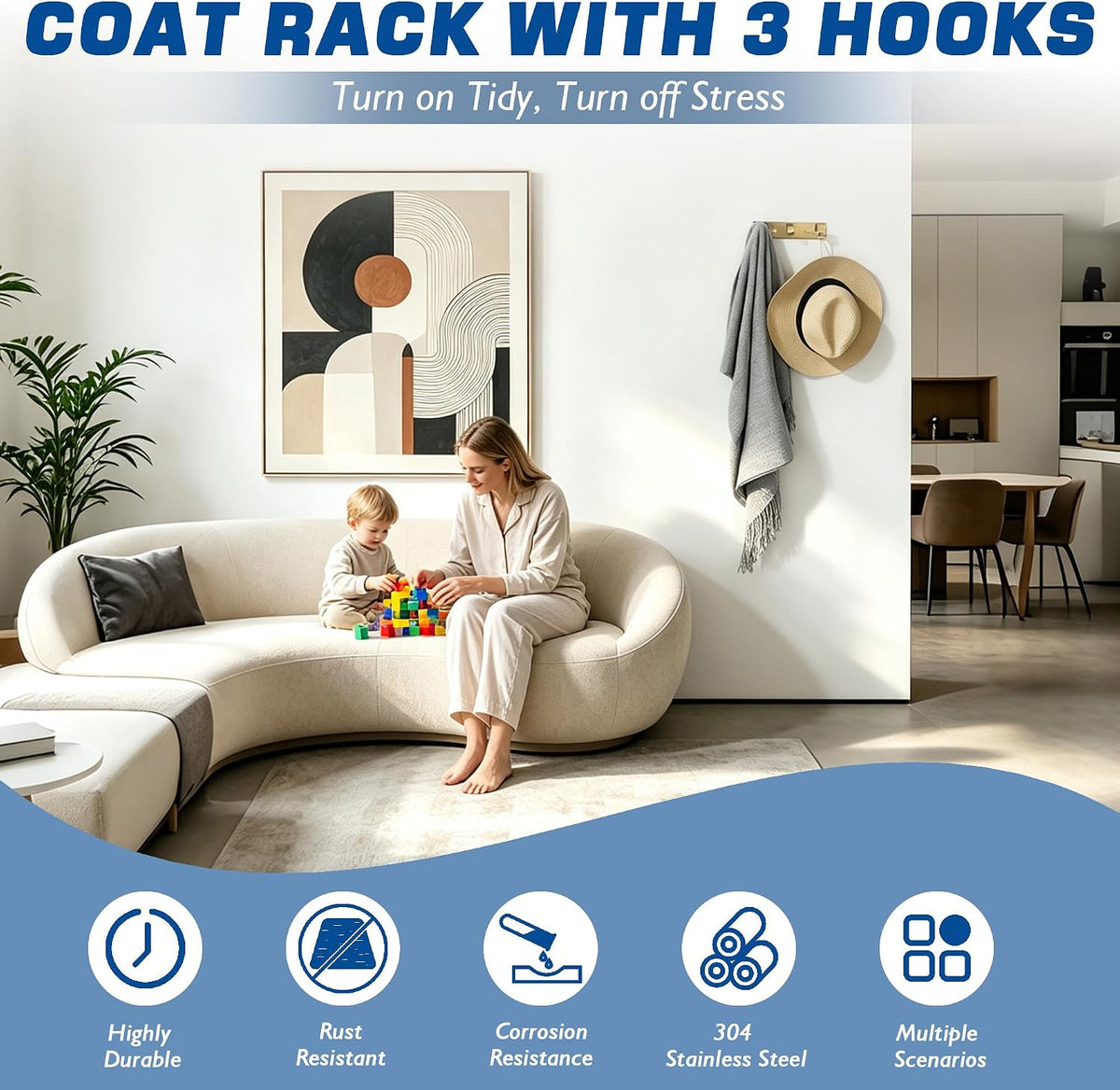 Alise Gold Coat Hooks Hat and Coat Rack with 3 Hooks Wall Mounted