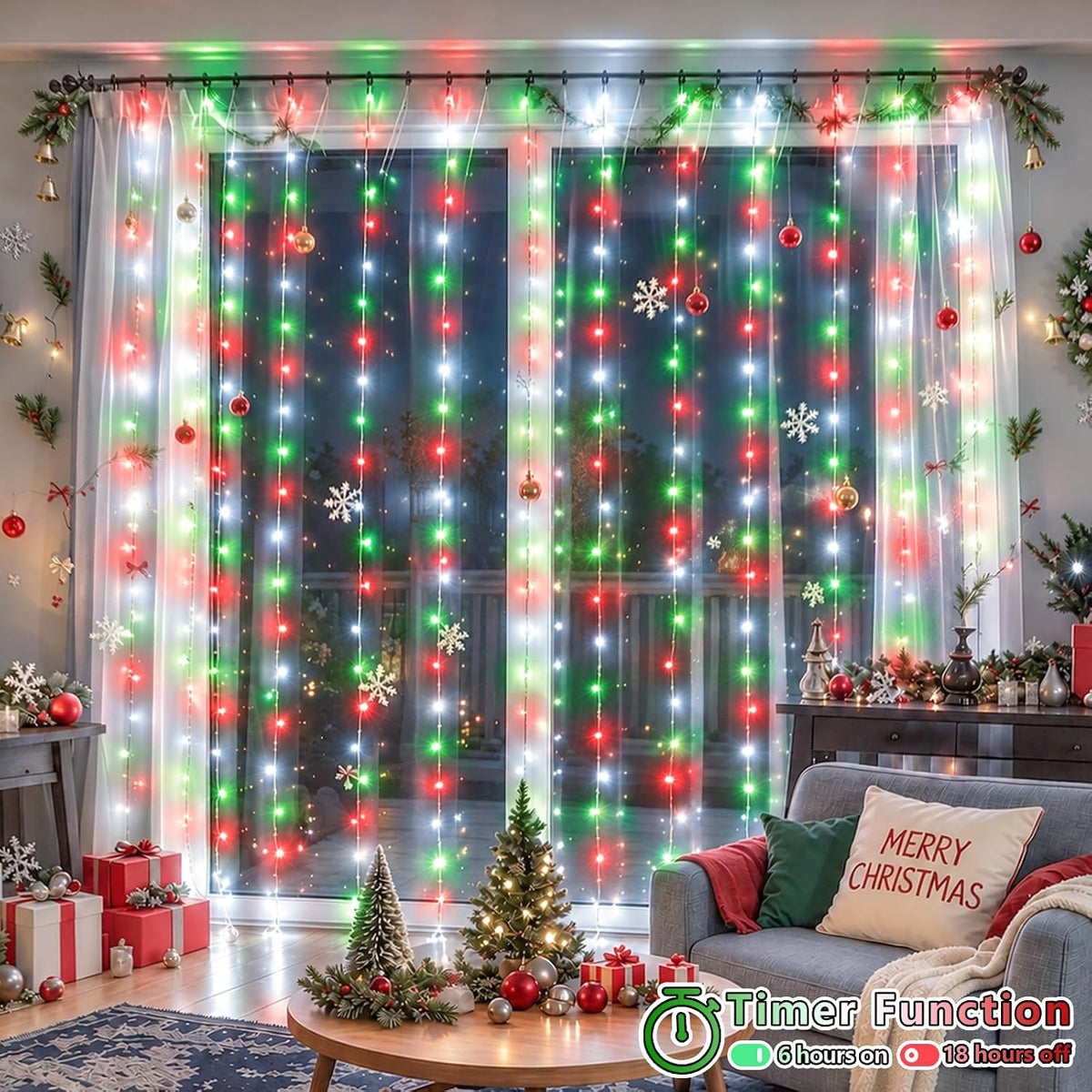 YEGUO 300 LED Red White and Green Christmas Lights, Curtain Lights Plug in, 8 Modes Hanging String Lights for Bedroom Wall Window Backdrop Indoor Outdoor Party Xmas Decorations-9.8x9.8ft