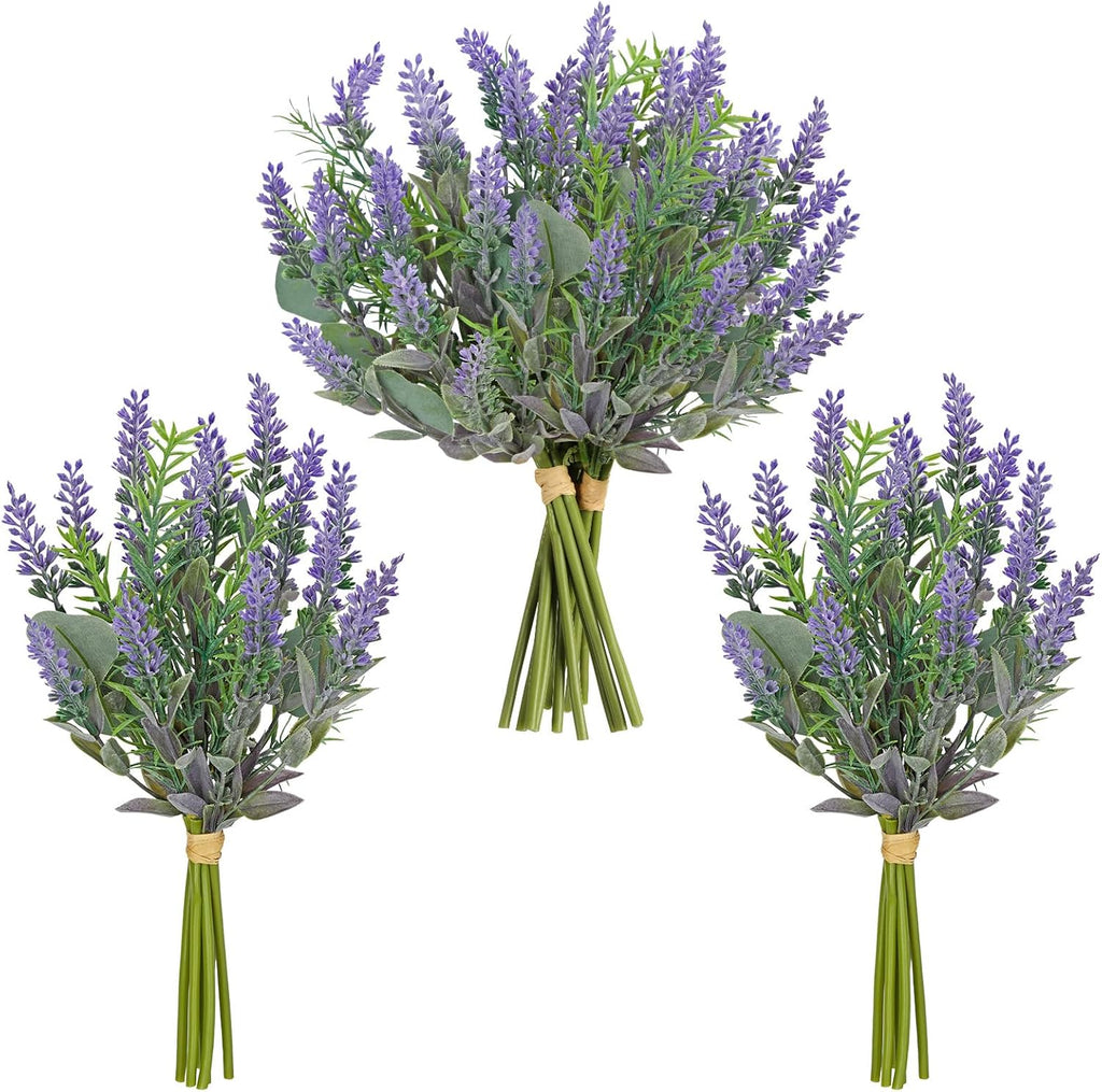 Hollyone 3 Bundles Fake Flowers Artificial Lavender Stems Bouquet Faux Plastic Purple Flowers Plants for Vase DIY Wedding Floral Arrangement Home Table Centerpieces Indoor Outdoor Decor