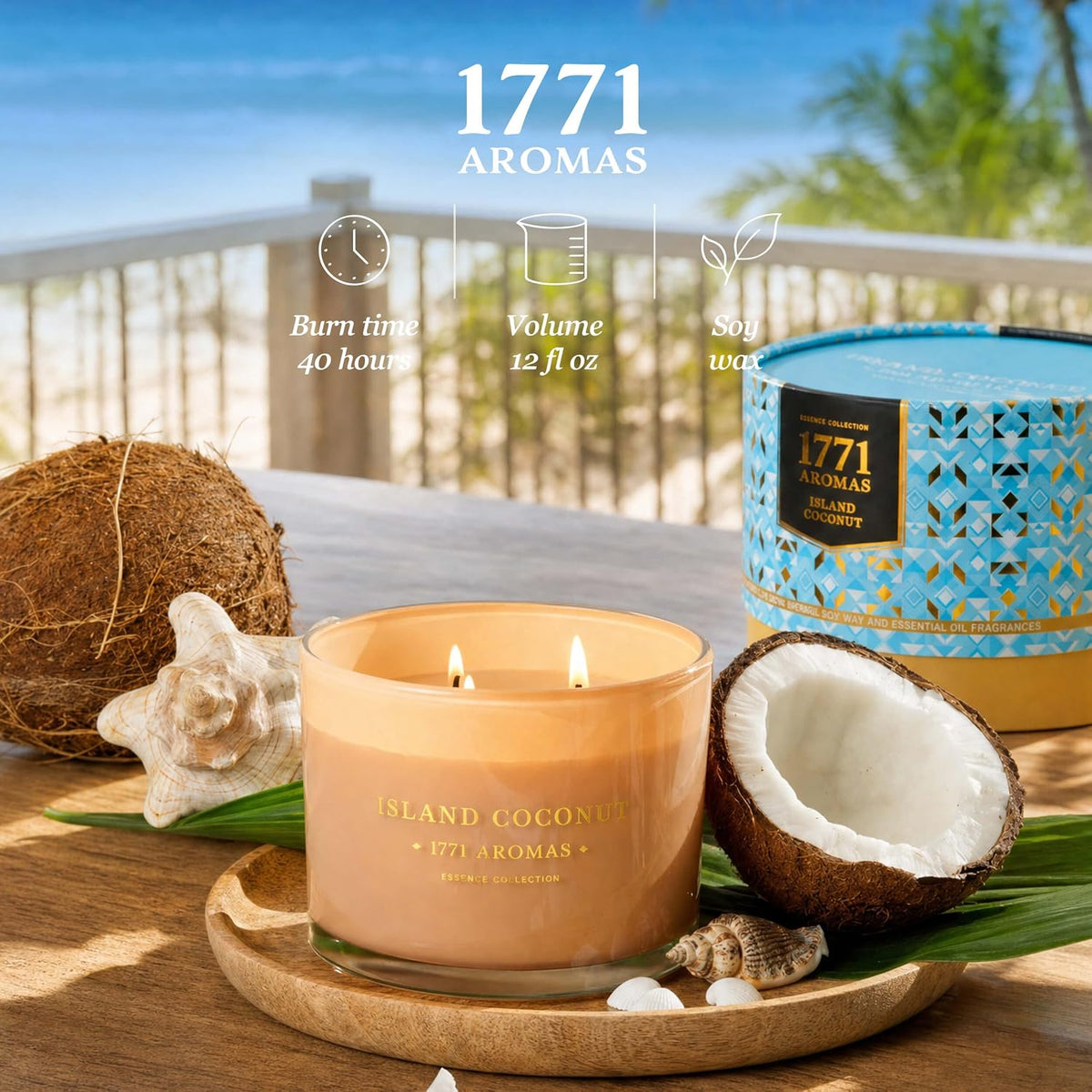 Island Coconut Scented Candle - 100% Natural Soy Wax - Large 3 Wick Jar - Up to 40 Hours Burning Time - Aromatherapy Coconut Candles for Home - Gift-Ready Box for Women and Men