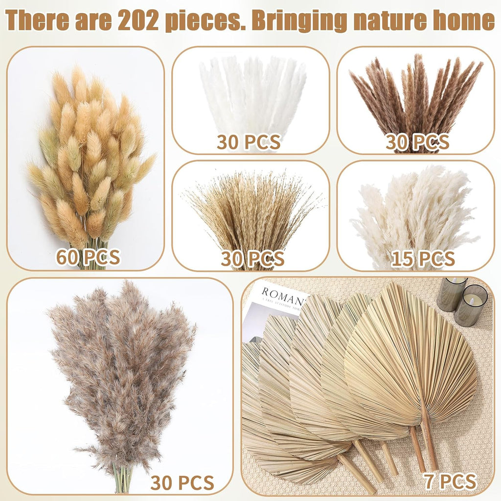 202 Pcs Boho Dried Pampas Grass Decor Bulk