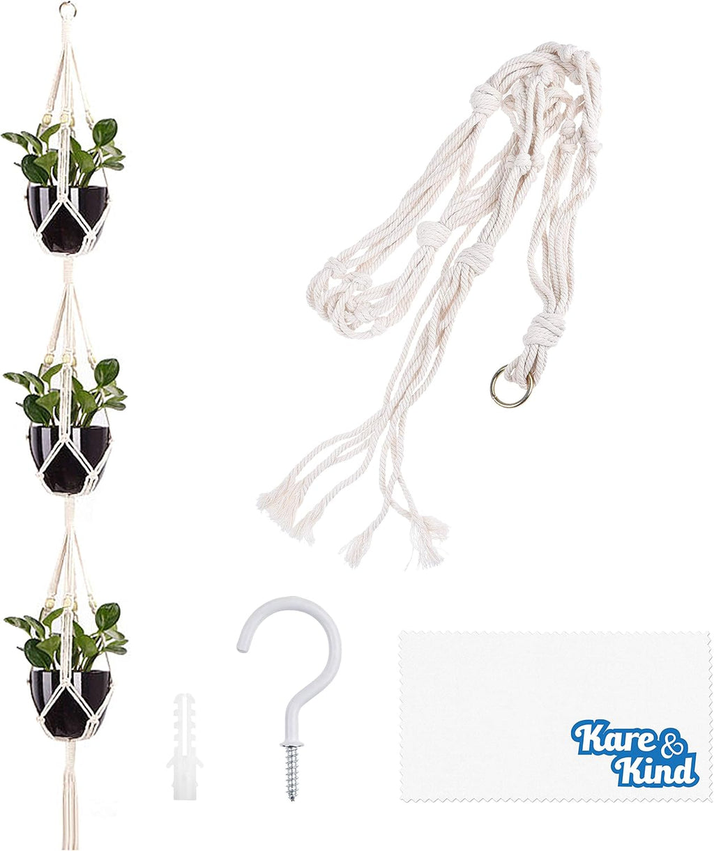 Kare & Kind 3-Tier Macrame Plant Hanger - Includes a Hook, Expansion Bolt, Cleaning Cloth - 3 Pot Display - Cotton Rope Material- for Flower Pots and Hanging Plants - Indoor and Outdoor Use