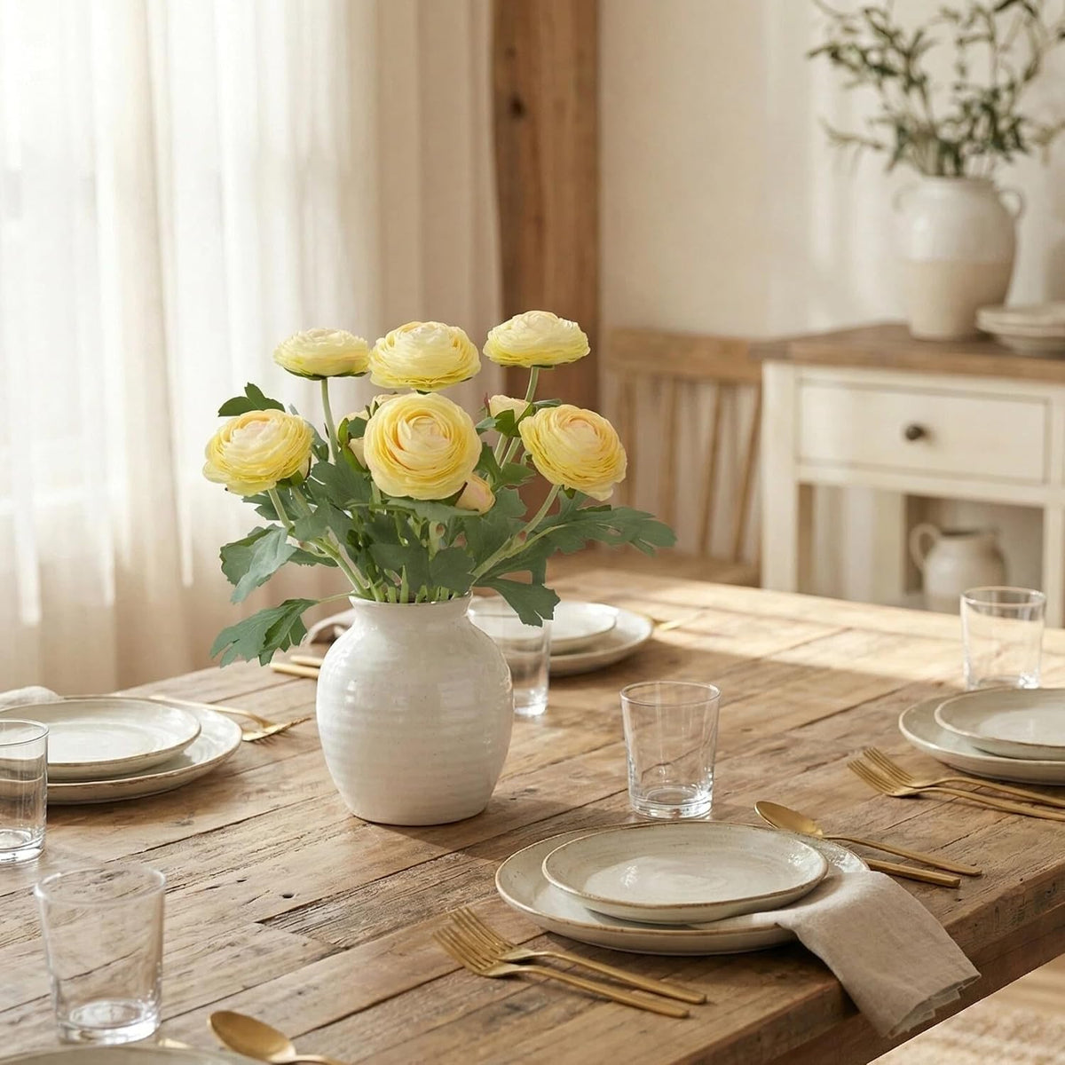 Yellow Ranunculus Artificial Flowerswith Real Touch Stem, Fake Ranunculus Flowers (Creamy Yellow, 6pcs)
