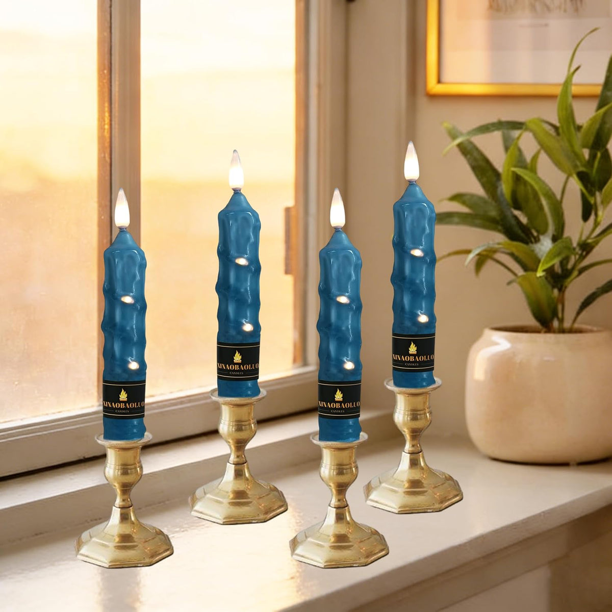 6.5 inch Haze Blue Flameless Candle with String Light Window Candles with Remote Timer Battery Operated Taper Candle LED Taper Candles Set of 4
