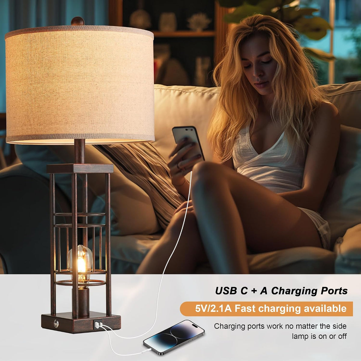 Reaketon Table Lamp for Living Room Set of 2 with USB Charging Ports, 3-Way Dimmable 27.6" Farmhouse Lamps for Bedroom, Rustic Bedside Lamp, Industrial Nightstand Lamps, Bulbs Included
