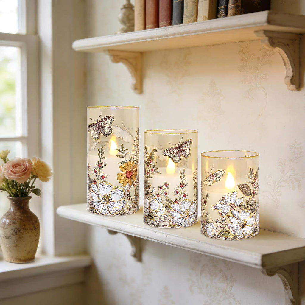 Glass Flameless Candles Battery Operated with Remote Timer Botanical Butterfly & Floral Real Wax Flickering LED Pillar Candle for Spring Summer Home Decor, Wedding, Table Centerpiece