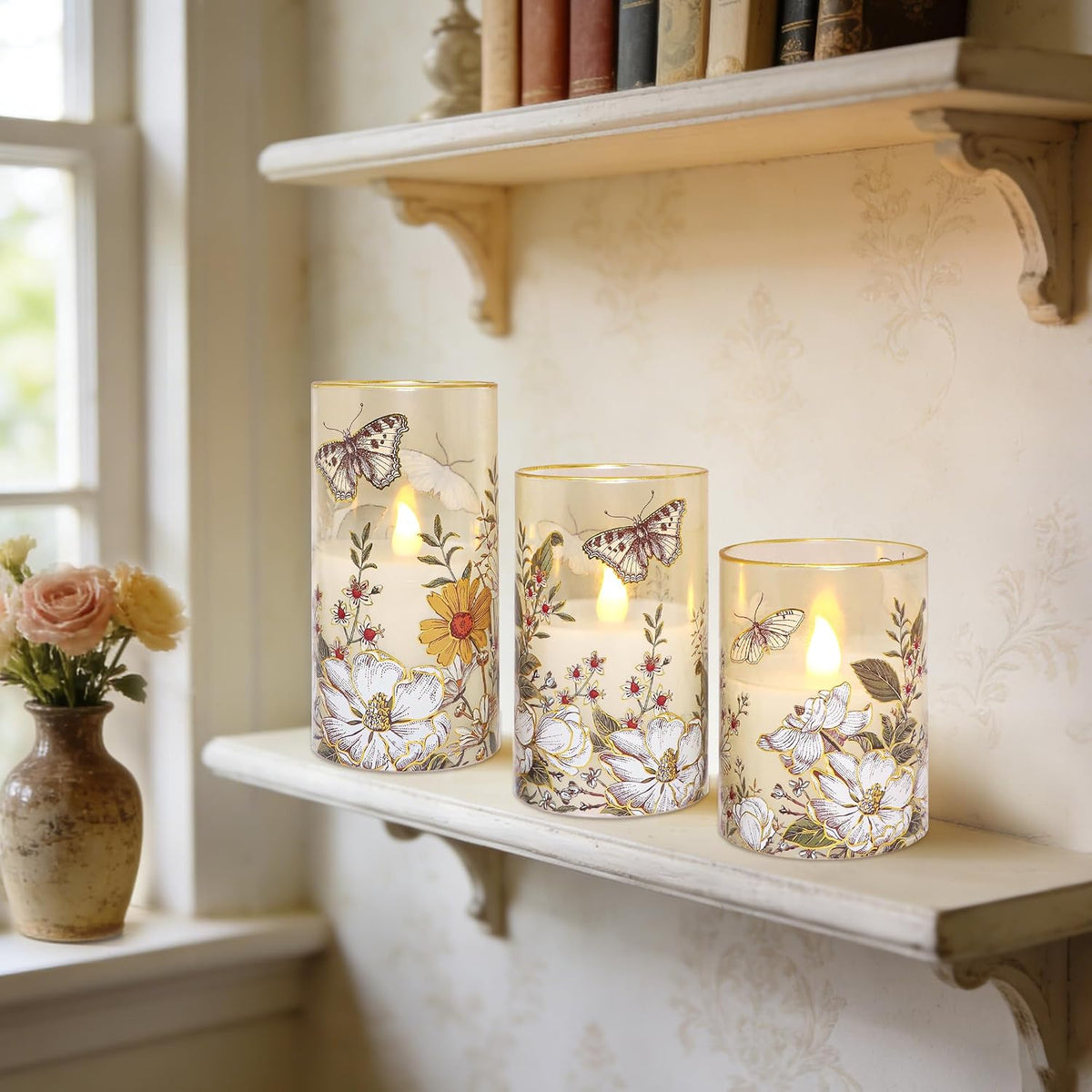 Glass Flameless Candles Battery Operated with Remote Timer Botanical Butterfly & Floral Real Wax Flickering LED Pillar Candle for Spring Summer Home Decor, Wedding, Table Centerpiece