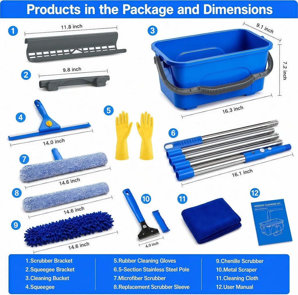 Window Cleaning Kit - 3 Gal Bucket, 15" Microfiber Scrubber & Chenille Sleeve, 14" Squeegee with 79" Extension Pole, Metal Scraper, Indoor & Outdoor Window Tools for Home & Commercial Use