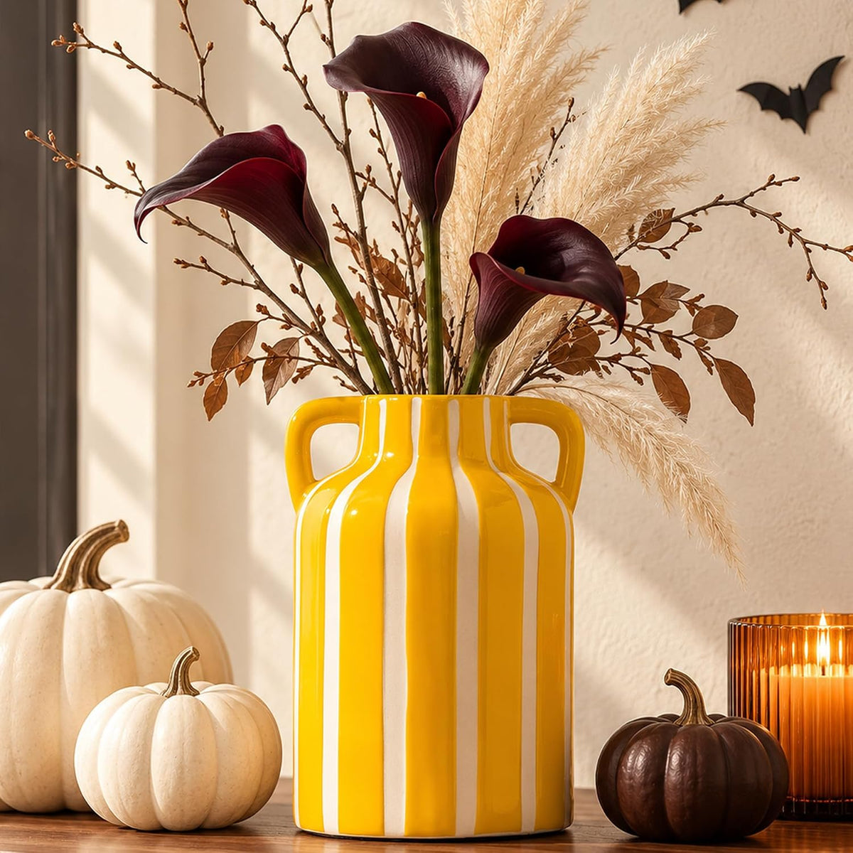 SURE YUESI Yellow Ceramic Vase with Handles, Modern Farmhouse Striped Decorative Vase, 9.1" Art Deco Tall Flower Vases for Pampas Grass, Shelf Decor, Dining Table Centerpiece, Living Room Home Decor