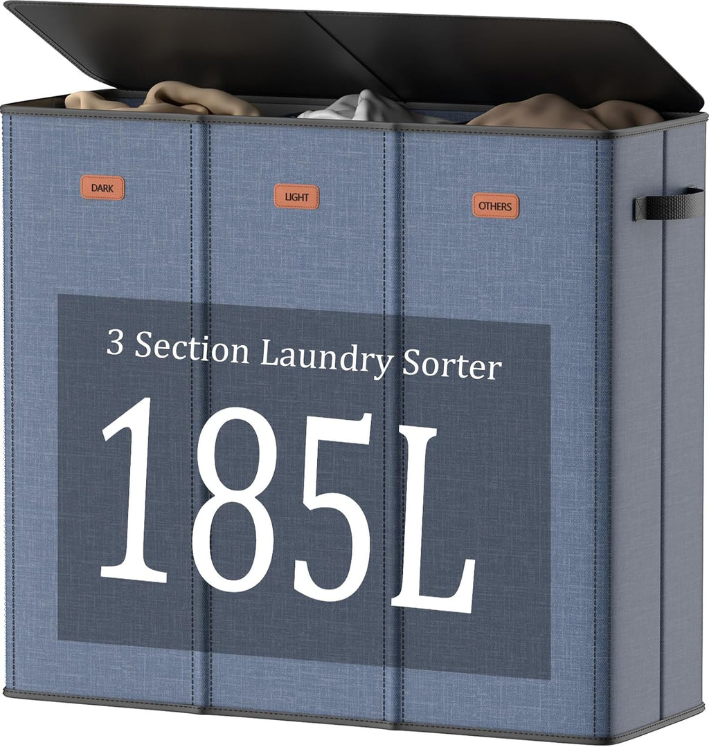 185L Laundry Hamper 3 Section with Lid, Navy Blue 3 Compartment Laundry hamper with 3 Removable Laundry Bags, Large Laundry Basket for Bedroom, Laundry Room, Dorm,