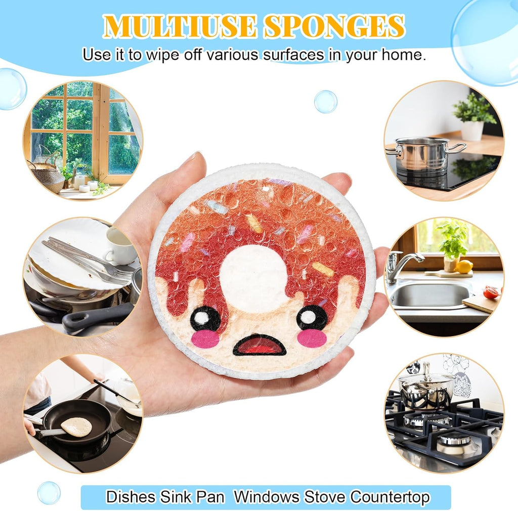 Newtay 8 Pack Cute Kitchen Sponges Dish Set Compressed Non-Scratch Reusable Kitchen Cleaning Household Sponges for Dishes, Pans, Kitchen, Fruit, Plate, Bathroom(Donut)