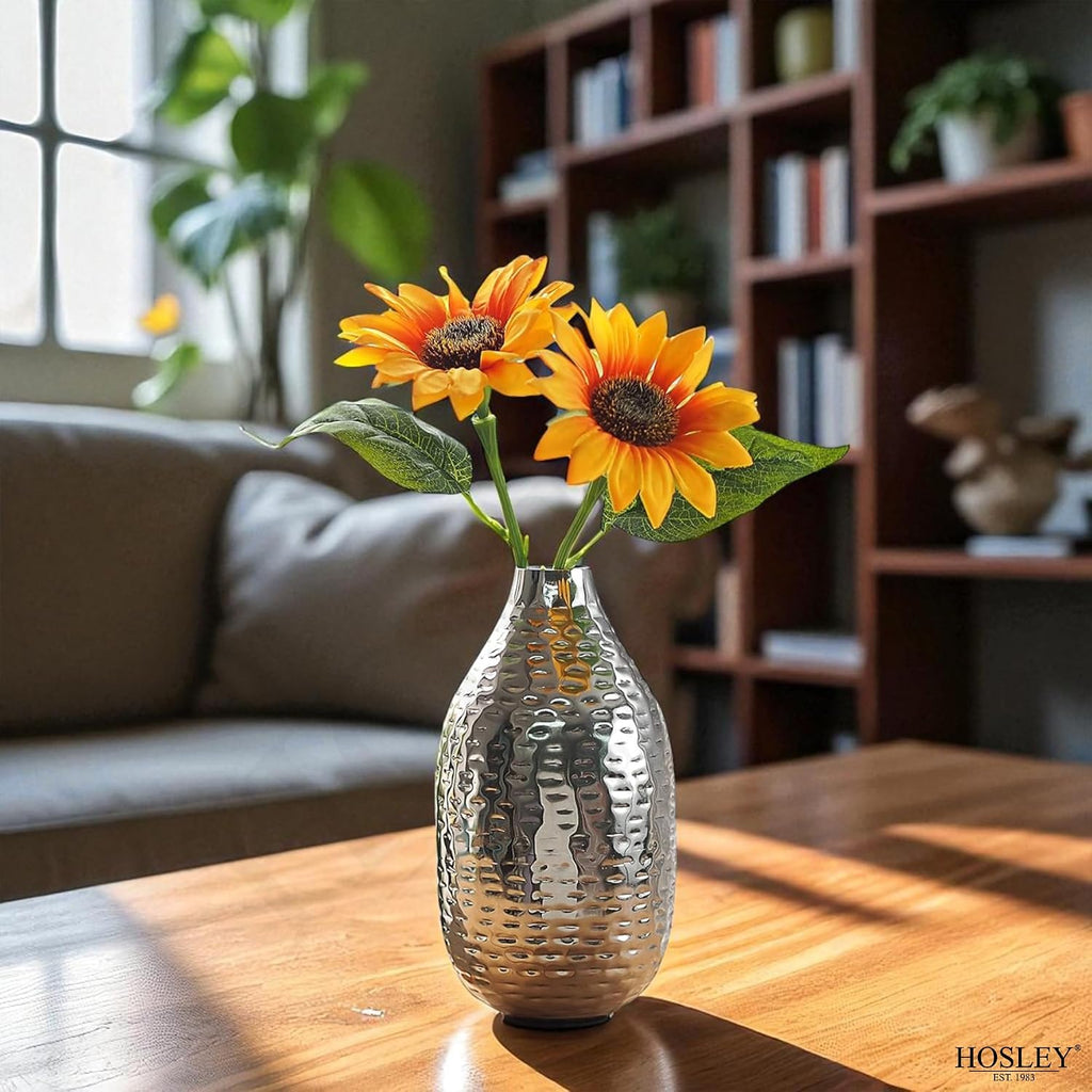 Hosley Silver Vase for Decor 8.75" Hammered Metal Flower Vase, Modern Tabletop Centerpiece Vases for Living Room Decor, Dining Table, Weddings, Faux Dried Floral Decorative Vases