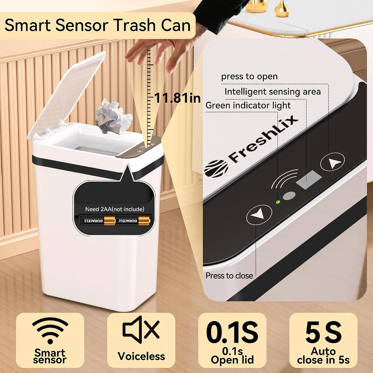 FRESHLIX 3 Pack Bathroom Trash Can 2.5 Gallon Small Touchless Automatic Motion Sensor Trash Cans Slim Waterproof Garbage Bin with Lid for Kitchen, Office, Bedroom White