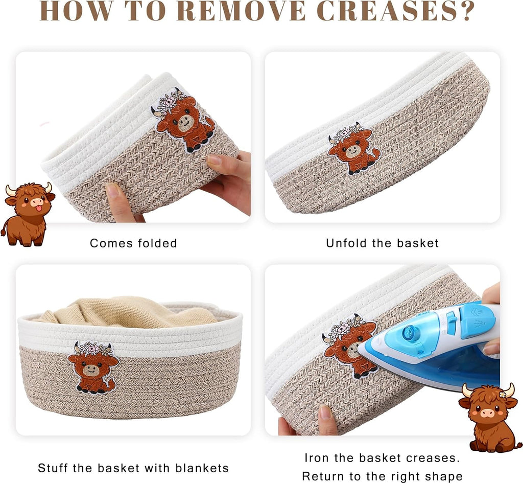 Geelin 3 Pcs Highland Cow Baskets for Gift Cute Farmhouse Brown Woven Rope Gift Baskets Shelf Organizer Laundry Hamper Storage Bin for Closet Bedroom Decor Nursery Toy Organizing, 11.8''x7.8''x4.7''