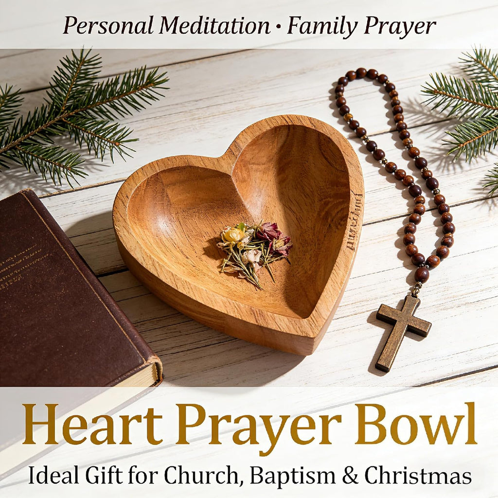 8 Inch Wooden Heart Prayer Bowl with 12 Cards, Rustic Cross Carved Decor