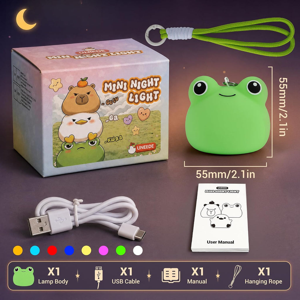 UNEEDE Mini Frog Night Light with Lanyard, 8 Color Changing Rechargeable