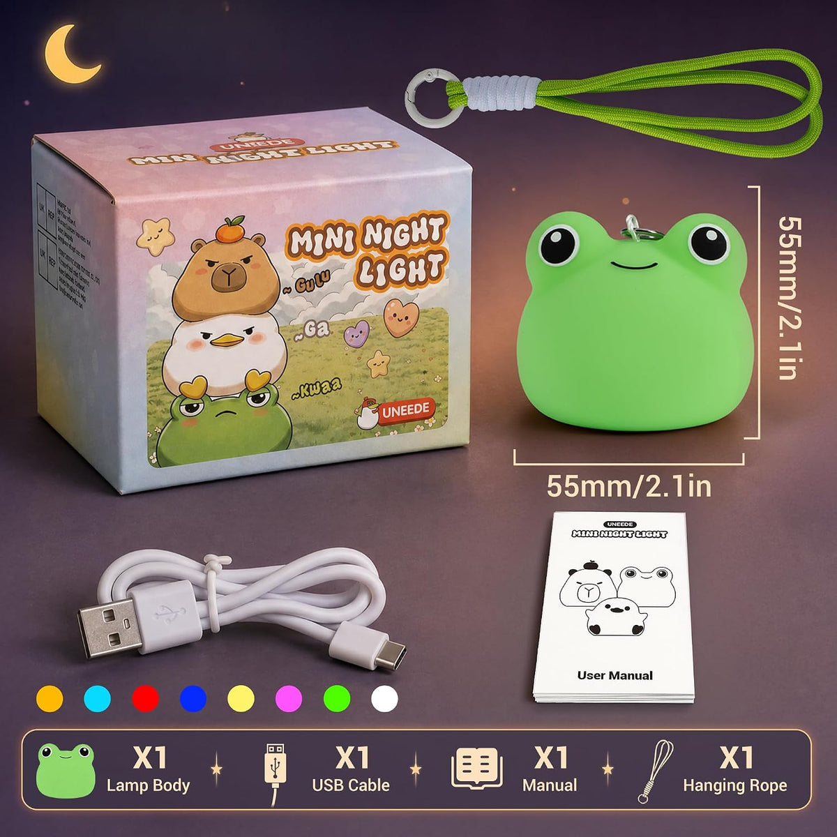 UNEEDE Mini Frog Night Light with Lanyard, 8 Color Changing Rechargeable